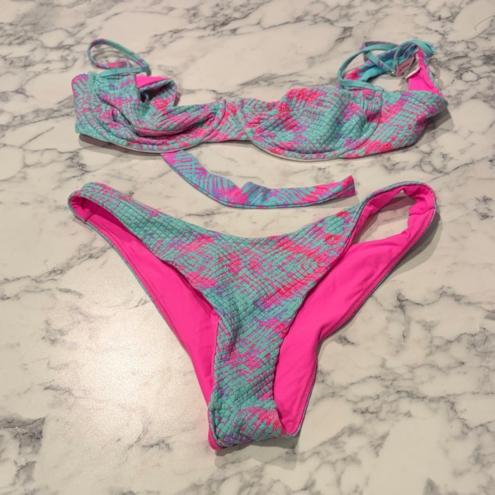 Luli Fama Pink and Aqua Tie-Dye Bikini Set